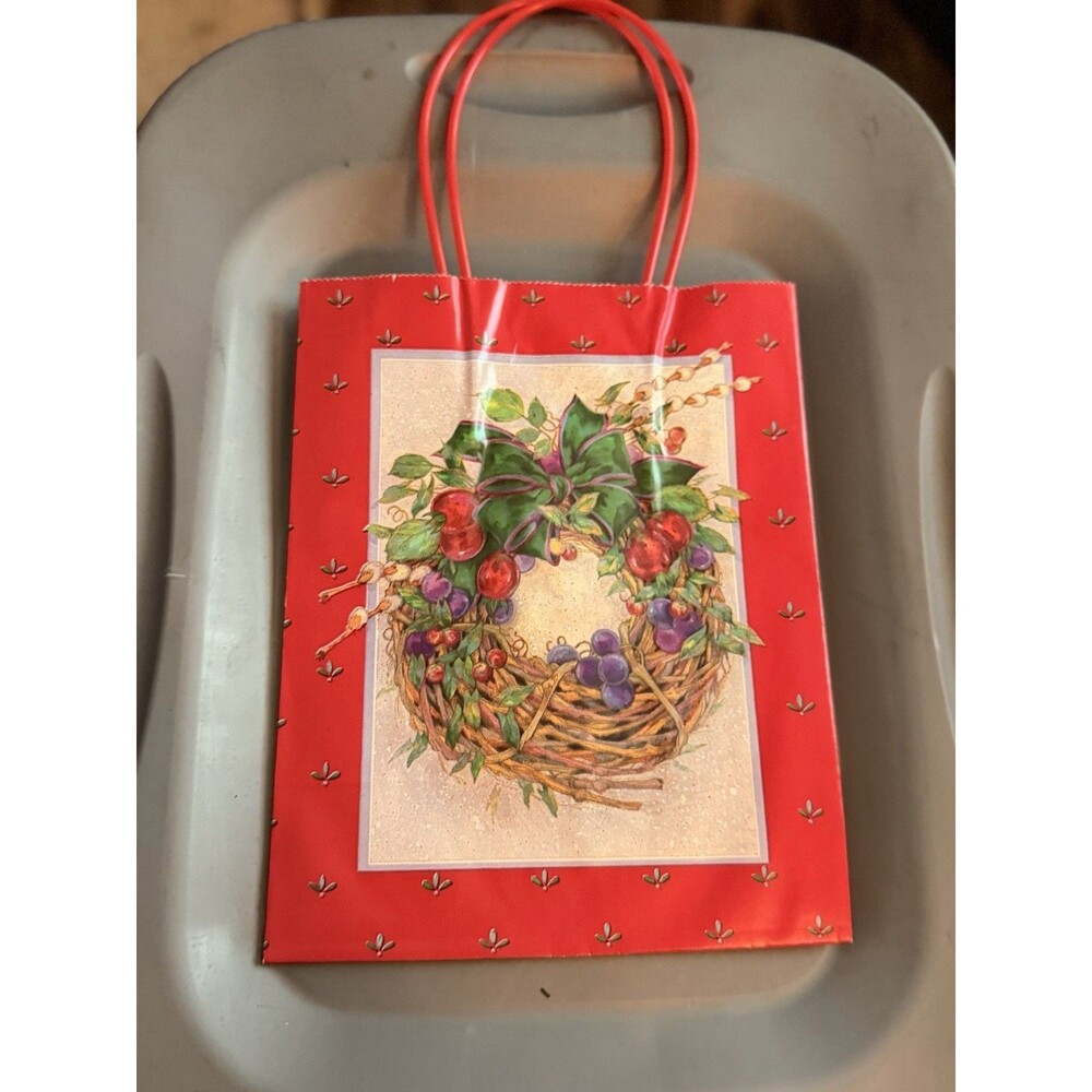 Vtg 1990s Gibson Greetings Holiday Gift Bags Lot 7 Fruit Wreath Red Glossy NOS